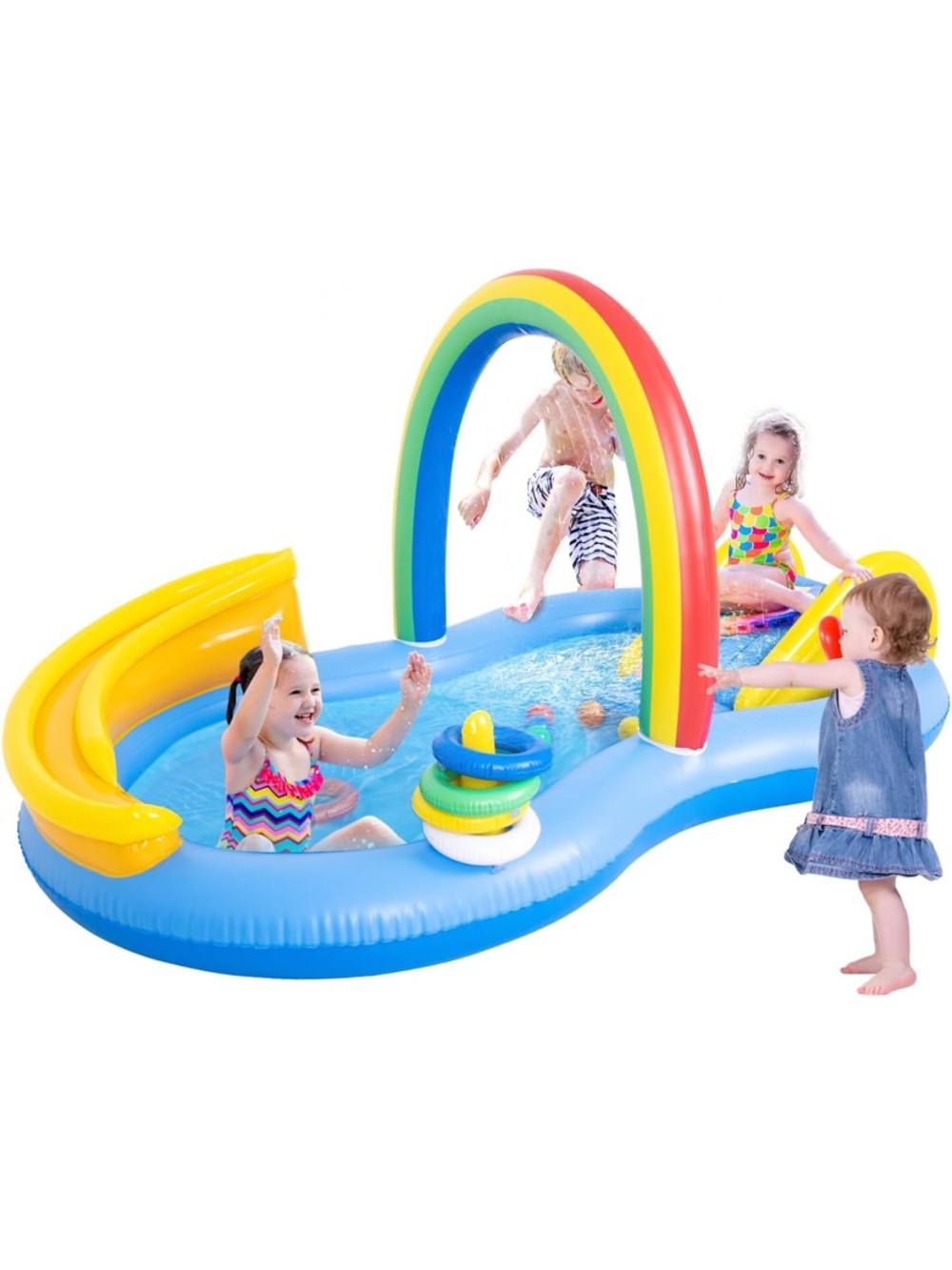 Kids Rainbow Inflatable Play Pool with Slide and Splash Ring - Blue/Yellow/Red